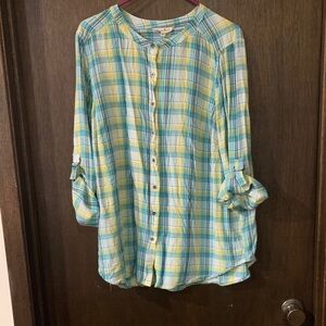 *4/$20* Jane and Delancey Blue Green & Yellow Plaid Button Down Shirt size 1X